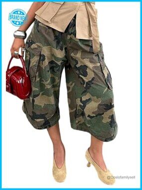 Women Baggy Cargo Jeans Camo Print High Rise Wide Leg Capri Denim Pants